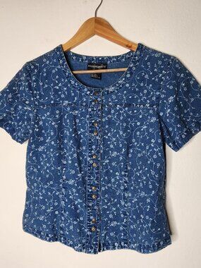 Vintage Requirements Womens Small Denim Floral Button Short Sleeve Top